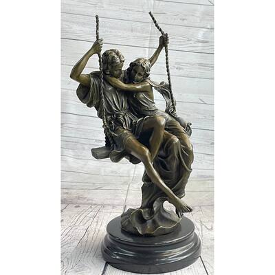 Romantic Lovers Couple Man Woman On Swing Bronze Figure Statue Sculpture Marble Base 14 Inches X 7.5 Inches