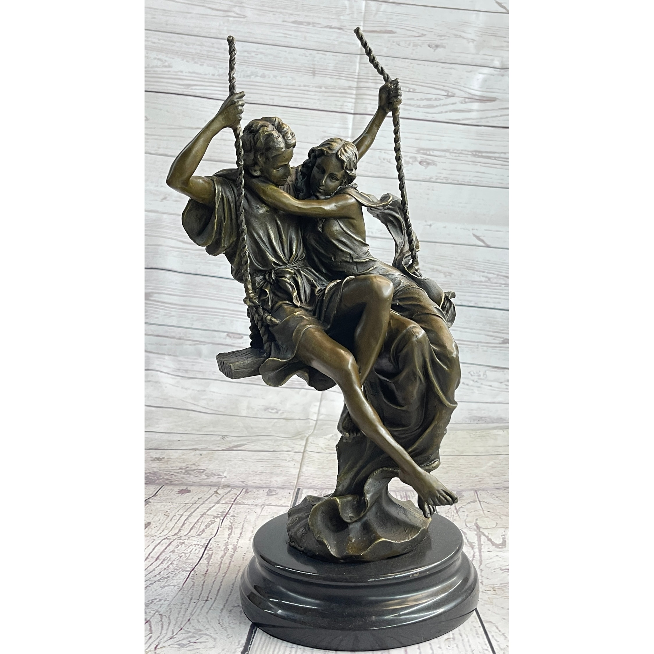 Romantic Lovers Couple Man Woman On Swing Bronze Figure Statue Sculpture Marble Base 14 Inches X 7.5 Inches
