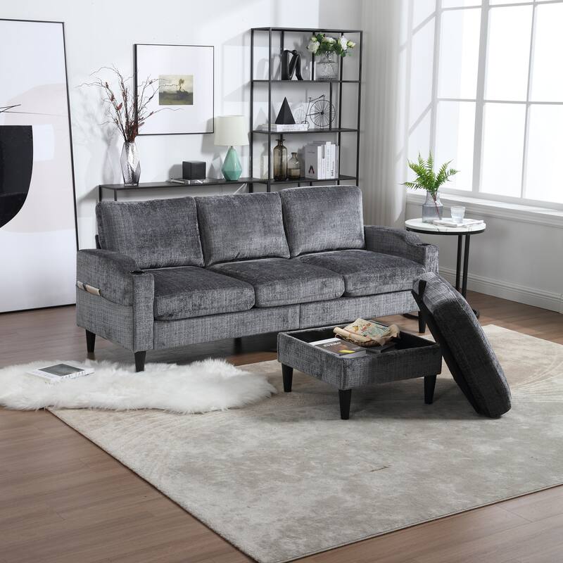 Modular Sectional Sofa with Storage Ottoman, Comfy Chenille Fabric Sofa, 3-Seater Sofa with Side Pockets & 2 Cup Holders