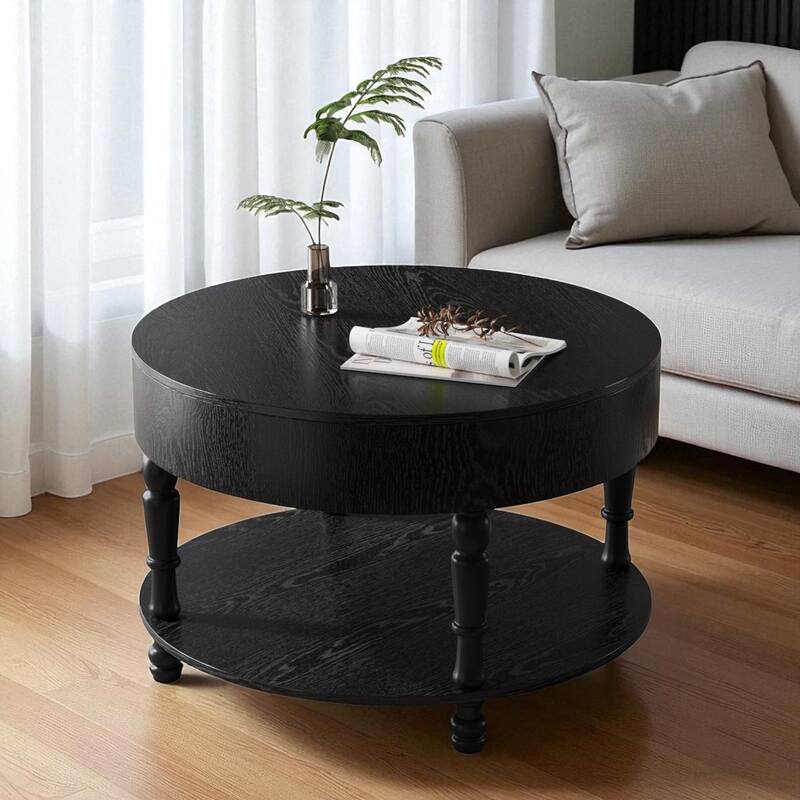 31.5" Round Coffee Table with Dual Storage, Modern 2-Tier Wood Accent Table with Hidden Compartment & Adjustable Feet - Black