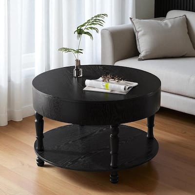31.5" Round Coffee Table with Dual Storage, Modern 2-Tier Wood Accent Table with Hidden Compartment & Adjustable Feet