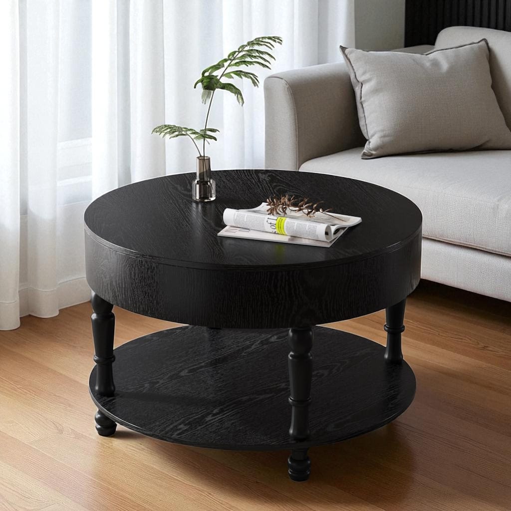 31.5" Round Coffee Table with Dual Storage, Modern 2-Tier Wood Accent Table with Hidden Compartment & Adjustable Feet