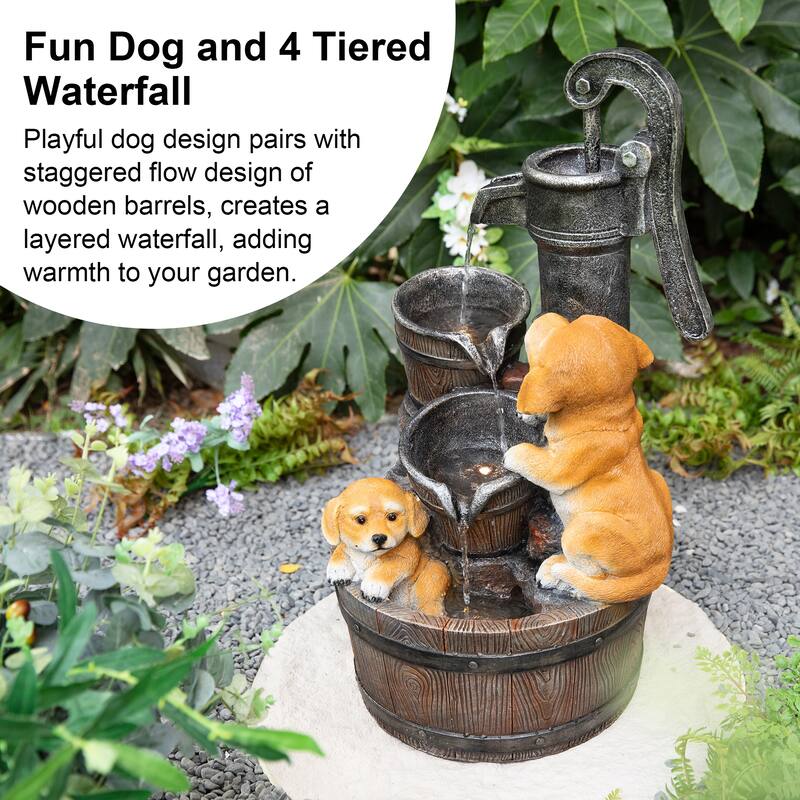 Glitzhome 23.75"H Cute Dog Playing Around the Water Pump Polyresin Outdoor Fountain with Pump and LED Light