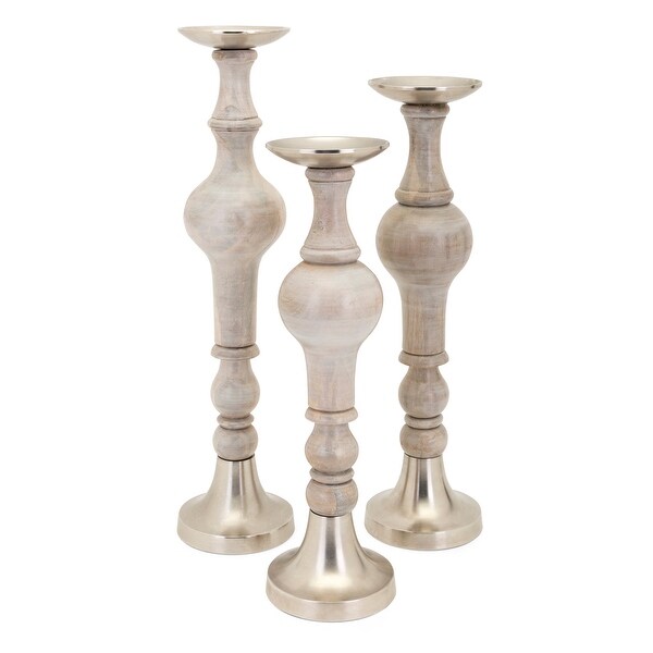 IMAX Home 75100-3 Nightingale 3 Piece Aluminum and Wood Pillar Candlestick Set by Trisha Yearwood - Gray