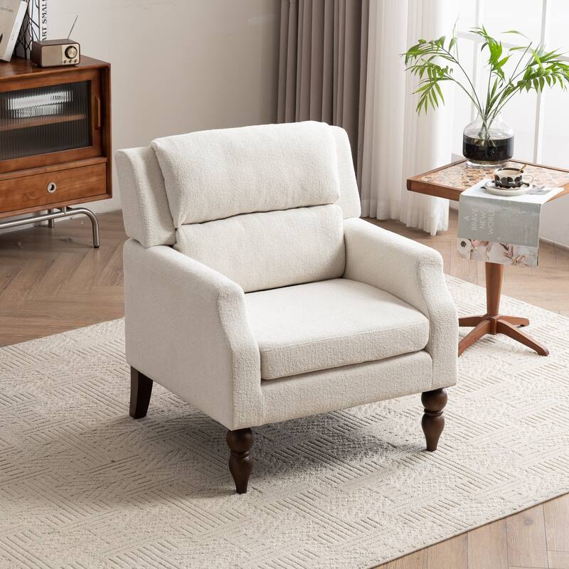 Upholstered Armchair With Wood Legs, Accent Chair - White