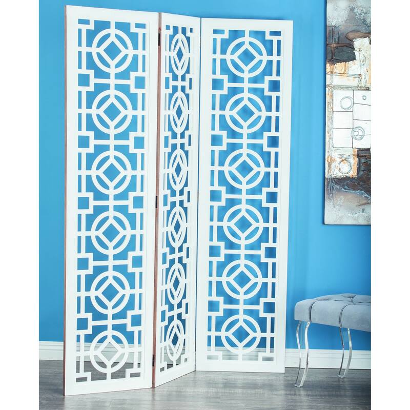 Wood Geometric Hinged Foldable Partition 3 Panel Room Divider Screen with Intricately Carved Designs - White - Roche River Decor