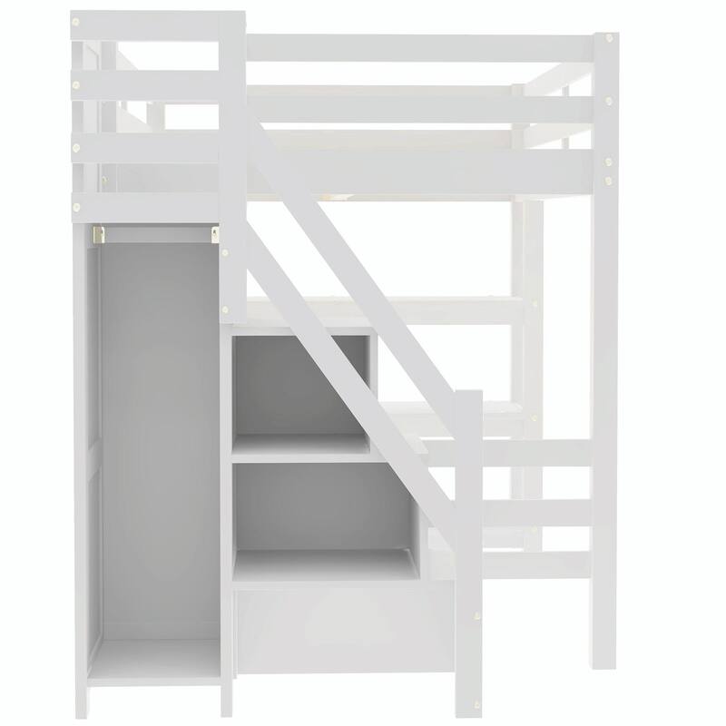Loft Bed with Shelves, Storage Staircase, Small Wardrobe & White LED Light