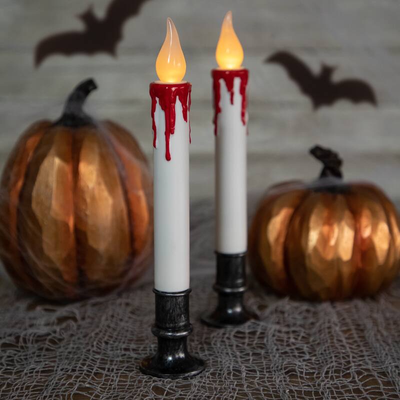 Set of 2 Pre-lit LED White and Red Halloween Candles 9"
