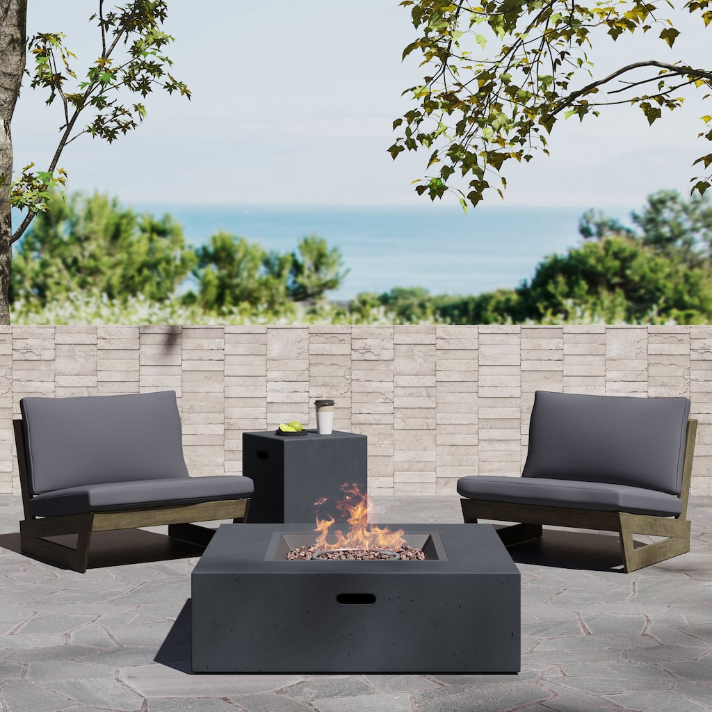 Sherwood Acacia Wood Outdoor Lounge Chairs and 50,000 BTU Square Propane Fire Pit by Christopher Knight Home