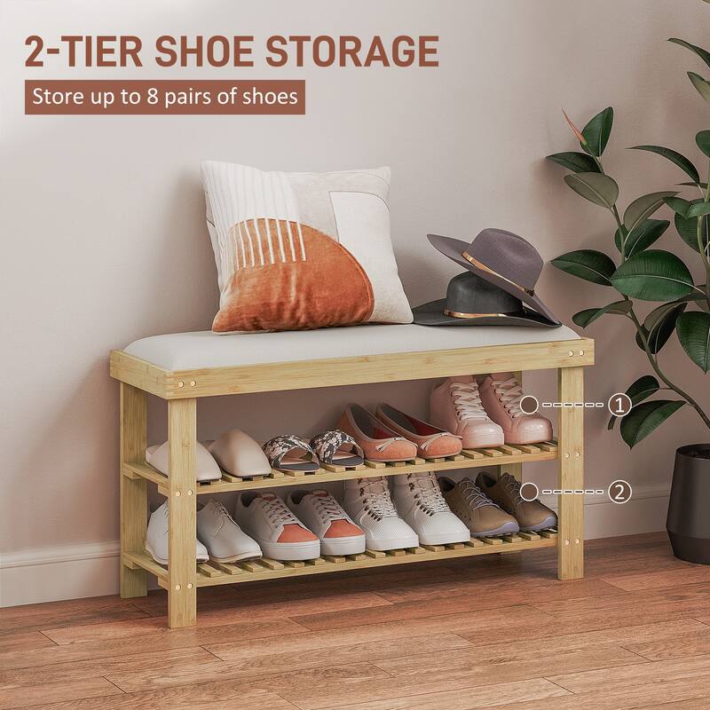 HOMCOM Bamboo Shoe Bench, 3-Tier Entryway Bench with Storage and Cushion, Shoe Organizer for Entryway, Hallway