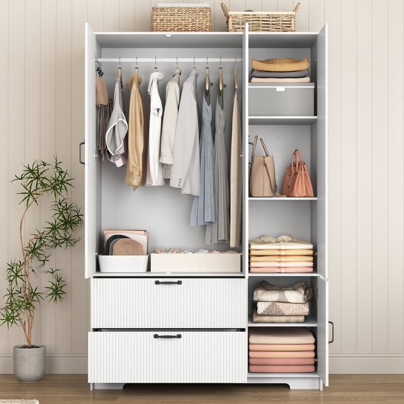 4-Door Wardrobe Closet with Mirror & LED, Wooden Storage Cabinet with Hanging Rod & Adjustable Shelves
