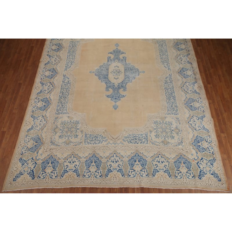 Hand Knotted Oriental 100% Wool Carpet Traditional Medallion Peach Kerman Area Rug - 13' 7'' X 10' 5''