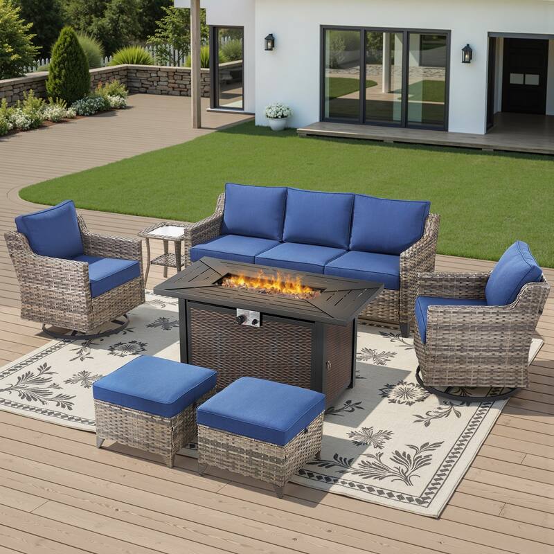 Glissia 7-Piece Gray Wicker Fire Pit Conversation Set with Wicker fire pit