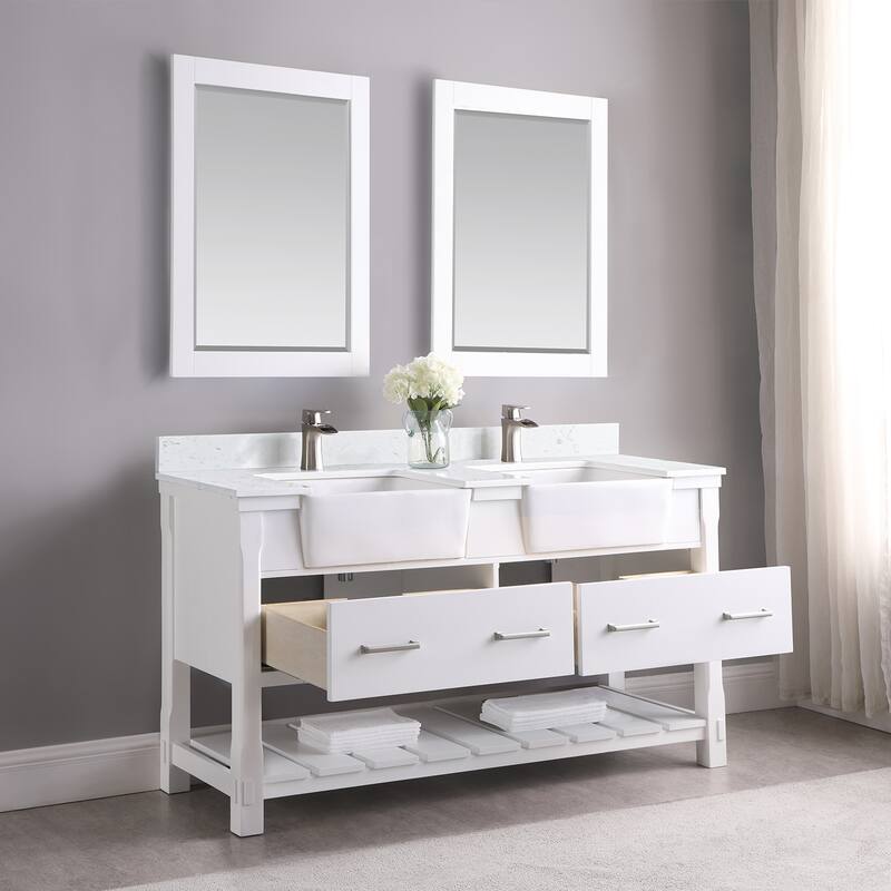Altair Georgia Double Bathroom Vanity Set and Aosta White Stone Countertop with Farmhouse Basin with Mirror