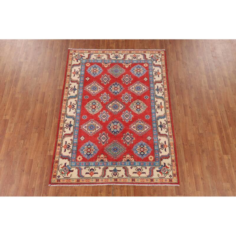 Geometric Kazak Rug Hand-Knotted Bedroom Wool Carpet - 5'2" x 7'0"