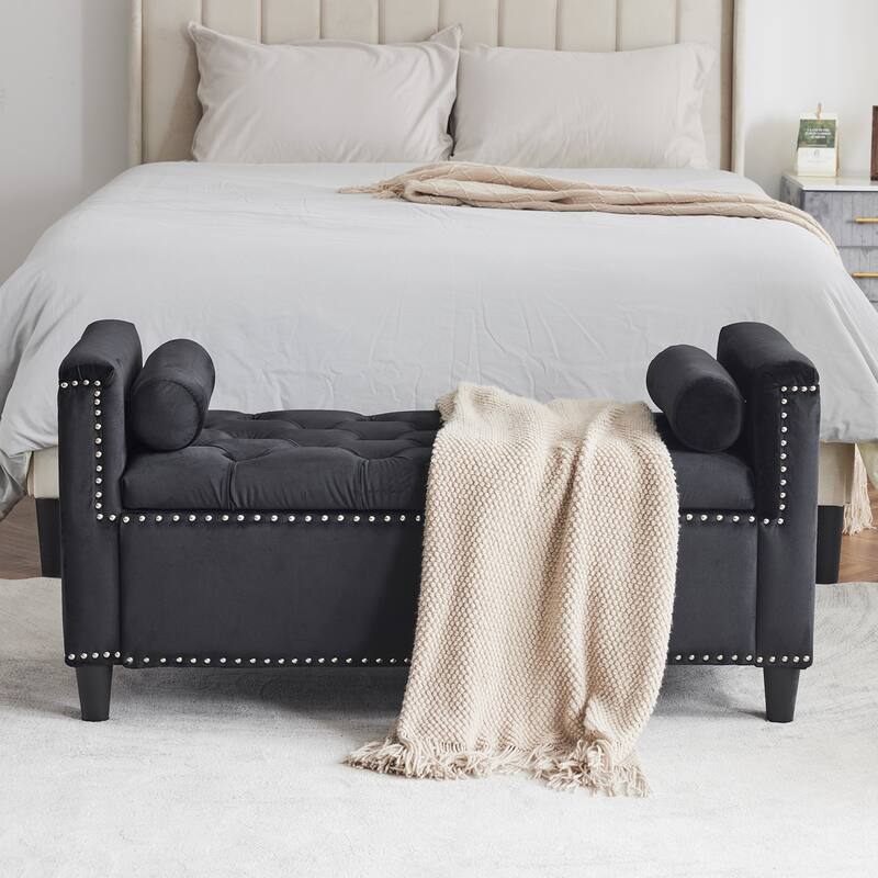 Accent Stool Bedroom End of Bed Bench with Tufted Buttons, Storage Stool Leisure Stool with Armrests and Flap - Black