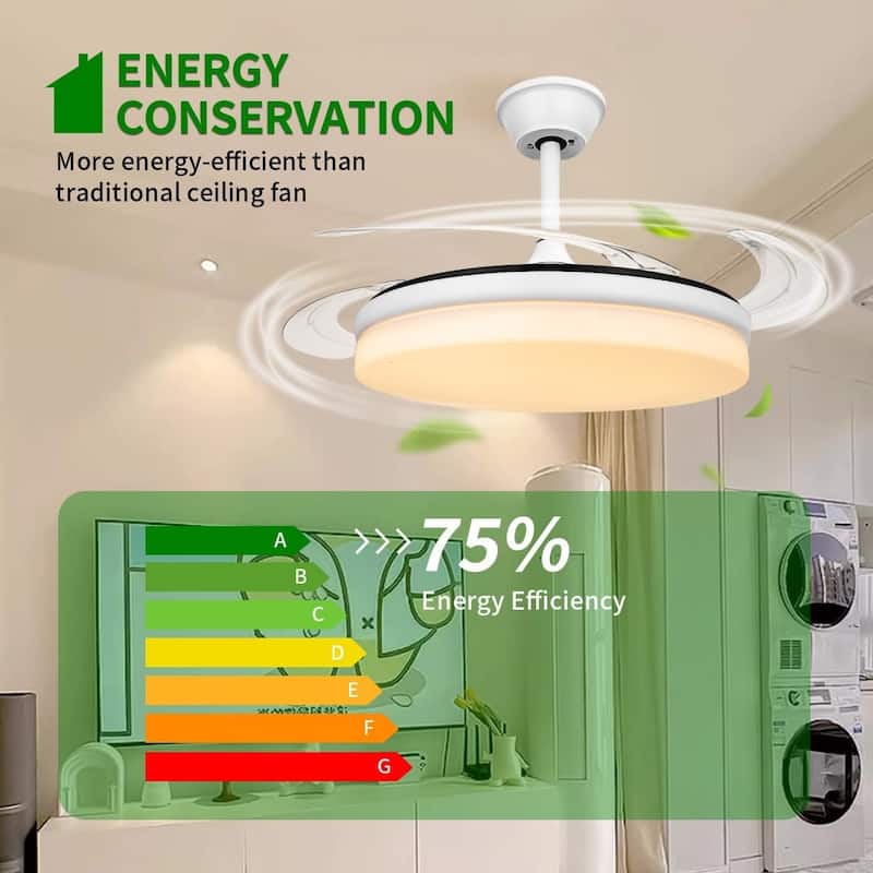 42 Inch LED Lighting Ceiling Fans, Smart Modern Ceiling Fan with Retractable Blades