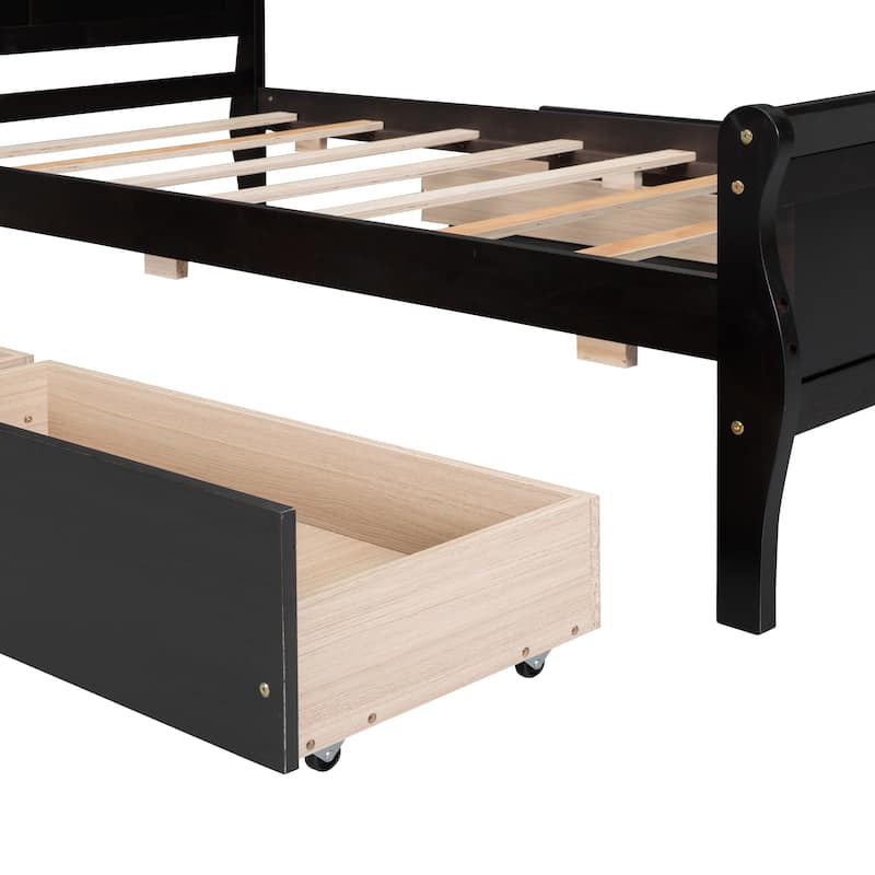 Wood Platform Bed with 4 Drawers and Streamlined Headboard