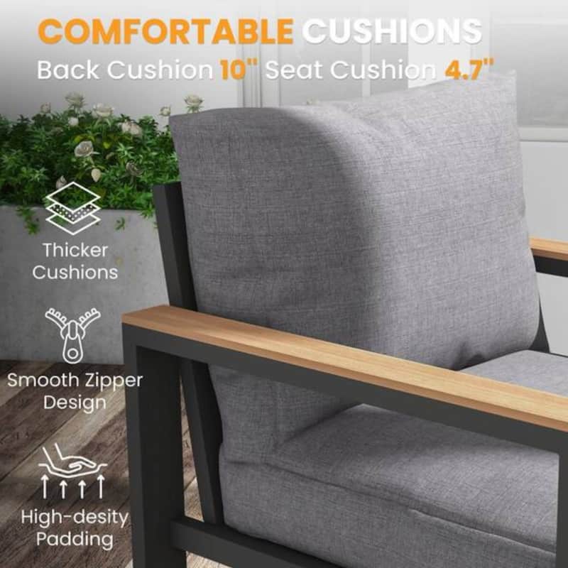 5-Seat 4 Piece Aluminum Patio Set with Glass Table and Gray Cushions