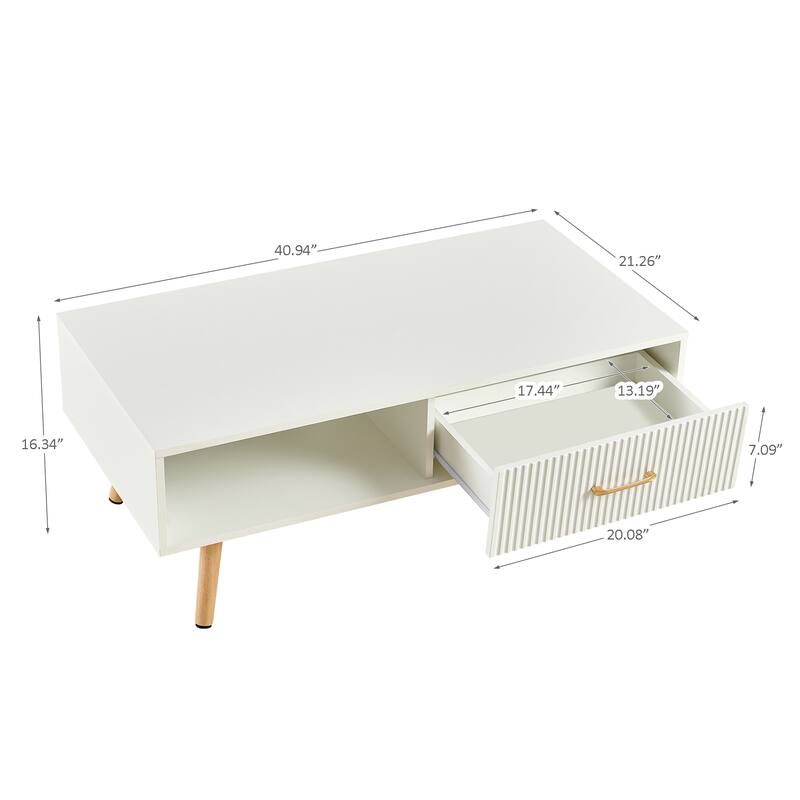 Modern Coffee Table with Drawer for Living Room,Solid Wood Legs
