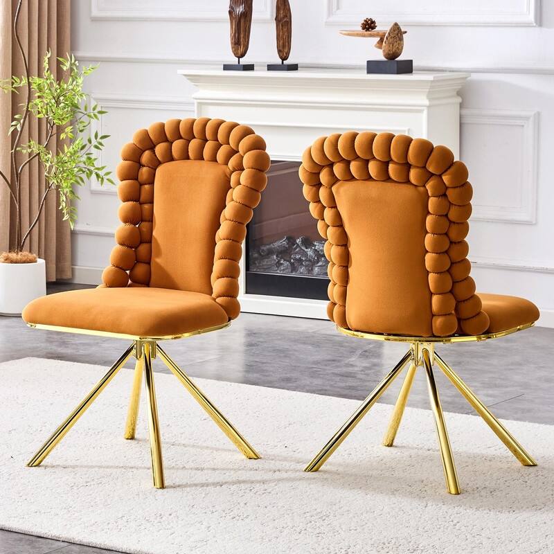 Set of 2 Puffy Bubble Velvet Dining Chairs with Ball Chain Detail & Gold Legs - Orange