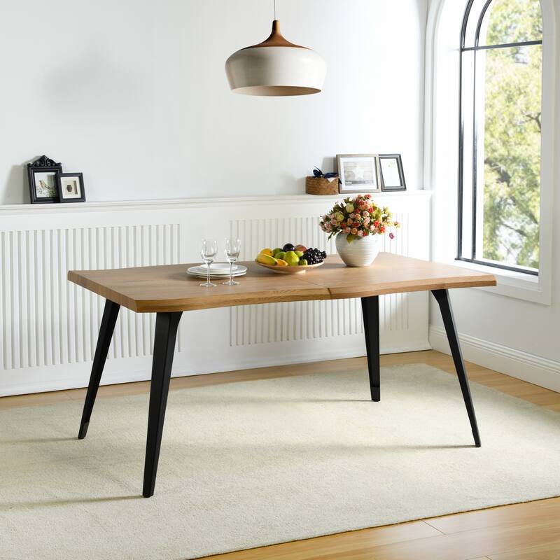 Homy Casa 63" Live Edge Dining Table with Solid Wood Top and Metal Legs for Rustic Modern Dining Spaces - Oak