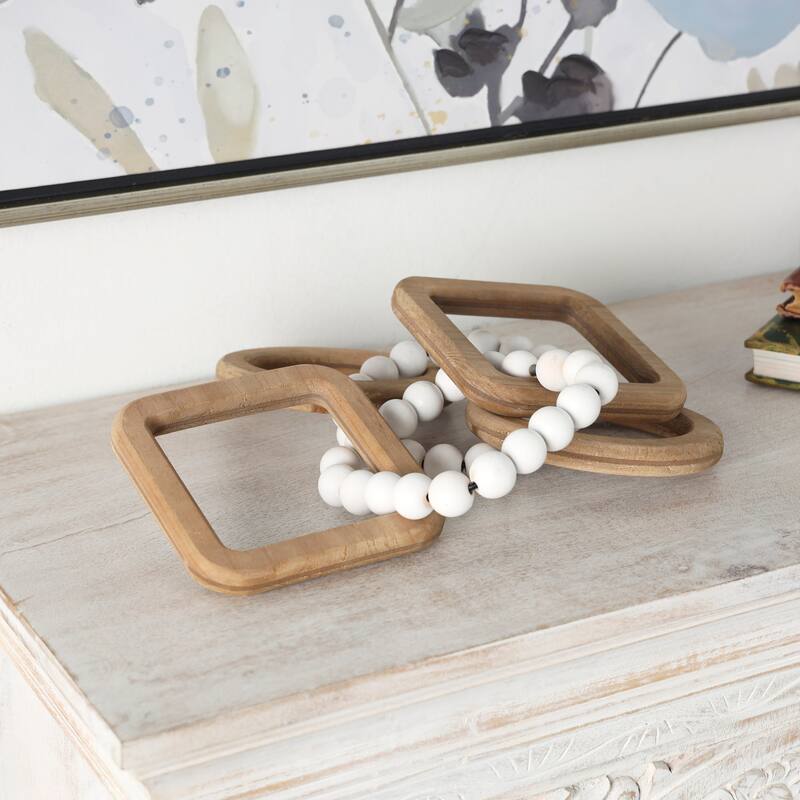 Brown Wood Geometric 3 Link Chain Decorative Sculpture with White Beaded Accents (Set of 2) - Brown