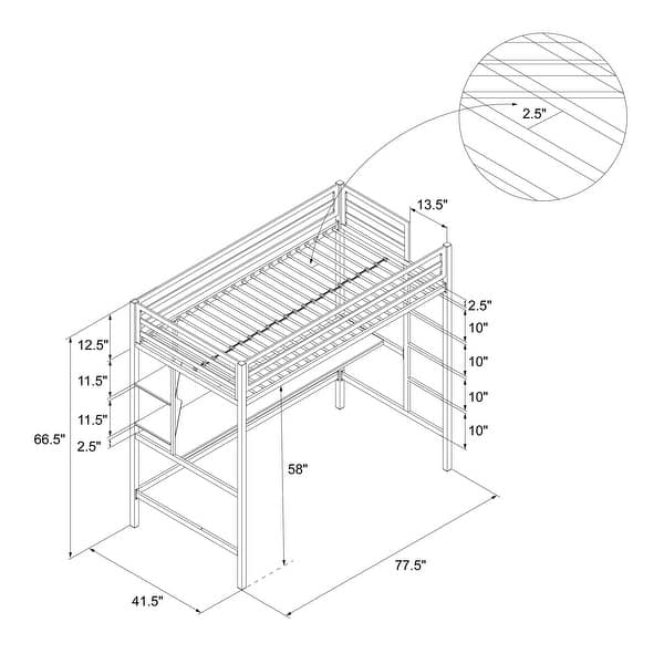 dimension image slide 0 of 2, The Novogratz Maxwell Metal Loft Bed with Desk & Shelves