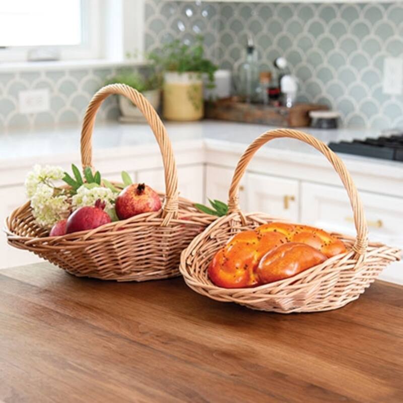 Set of 2 Natural Willow Flower Gathering Baskets with 1 Arched Handle and Wood Finish - 10.5" H x 14.75" W x 11" D