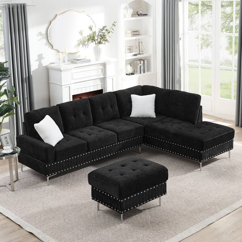 Roomfitters Sectional 3-Seater Sofa with Chaise, Storage Ottoman, Metal Legs, Nailhead Trim and Two Pillows - Black