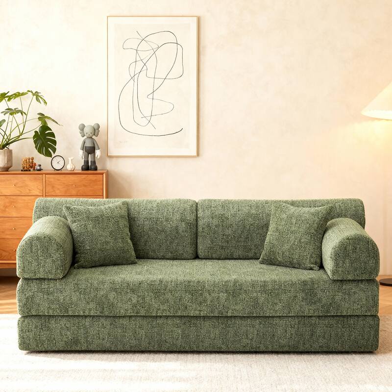 Convertible Sleeper Sofa Bed with Cylindrical Pillow, Corduroy Folding Mattress Couch, Floor Sofa Lounge Couch for Bedroom