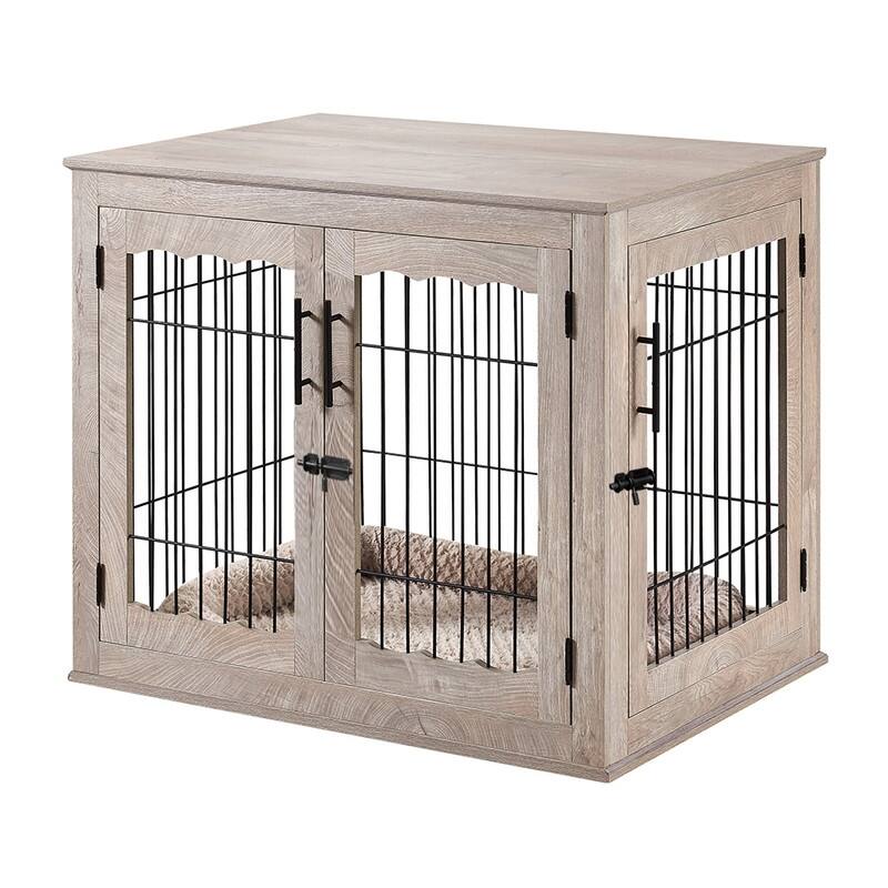 unipaws Pet Crate End Table, Double Doors Dog Kennel with Pet Bed