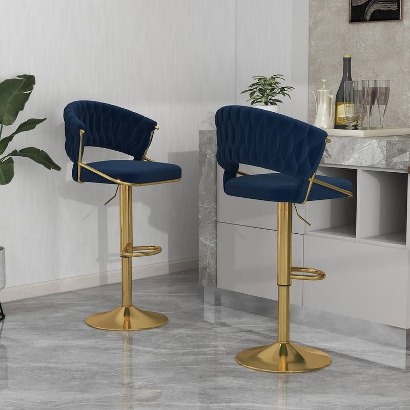2/4 Set Velvet Adjustable Counter Stools Swivel Bar Stools With Backs - 24"-33" - Set of 2 - Navy Blue-Gold Leg