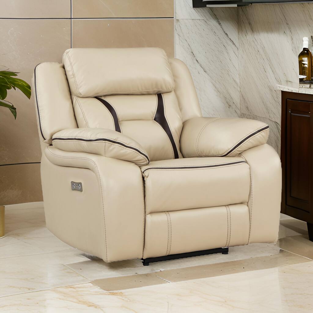 Millie 40 Inch Power Recliner Chair, Beige Faux Leather, Solid Wood, Metal