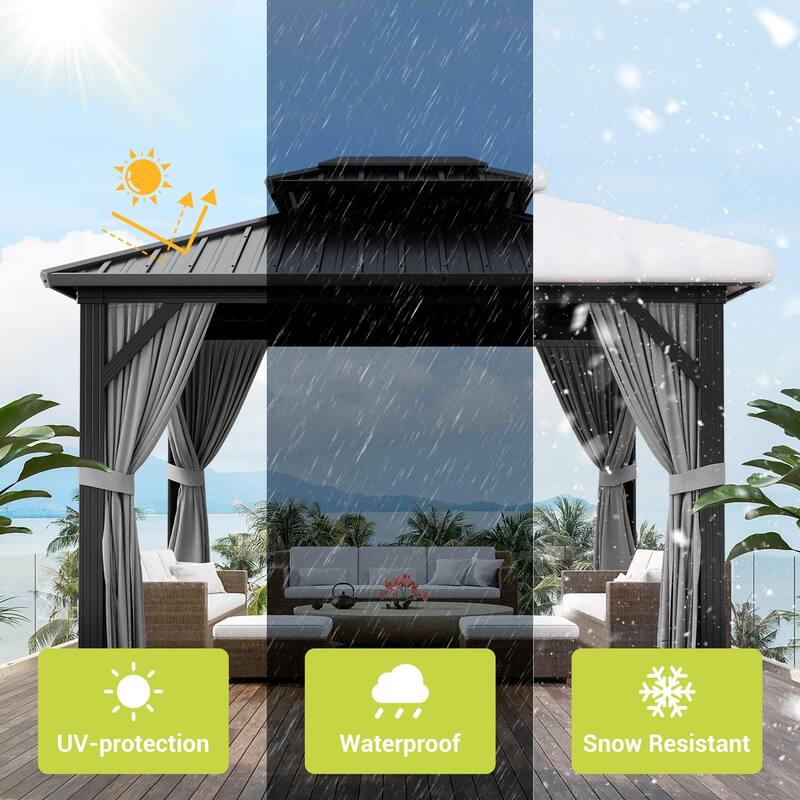 Aluminum Hardtop Gazebo 10x10FT, Outdoor Double Roof Canopy with Curtains and Netting for Garden, Metal Tent