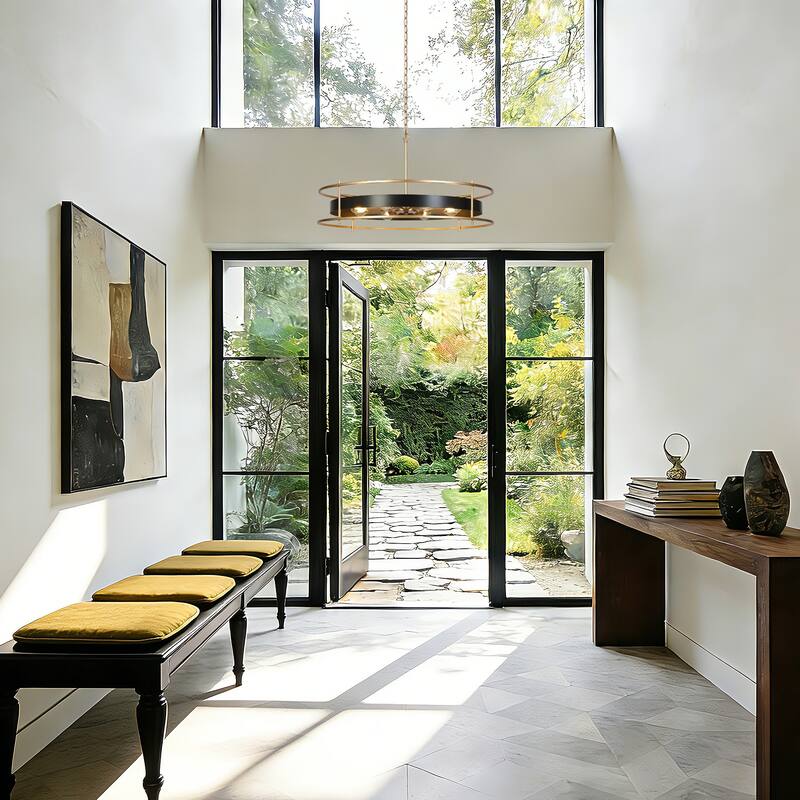 31" Modern Luxury 8-Light Black Gold Wheel Chandelier Oversize Pendant Light for Kitchen Island - 31.6 " × 17.5 "