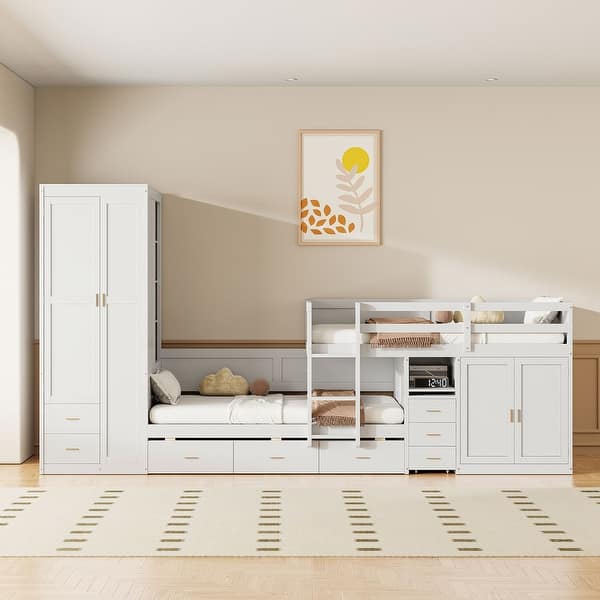 slide 2 of 18, Twin Wooden Bunk Bed with Trundle, Cabinet, Wardrobe, Desk and Drawers, White White