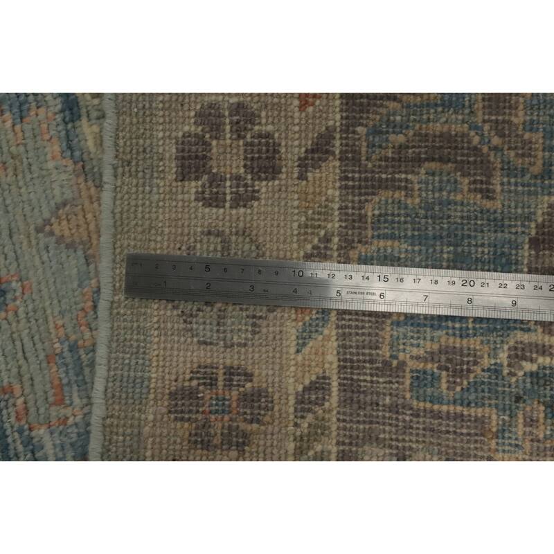Light Blue Floral Oushak Vegetable Dye Area Rug, Floral Geometric Carpet - 12' 5'' X 9' 4''