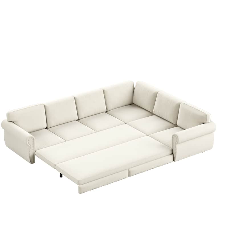 118" L-Shaped Sofa Couch with Pull-Out Bed with Nailhead Trim & Rolled Arm - 118"L x 86.6"W x 36.3"H