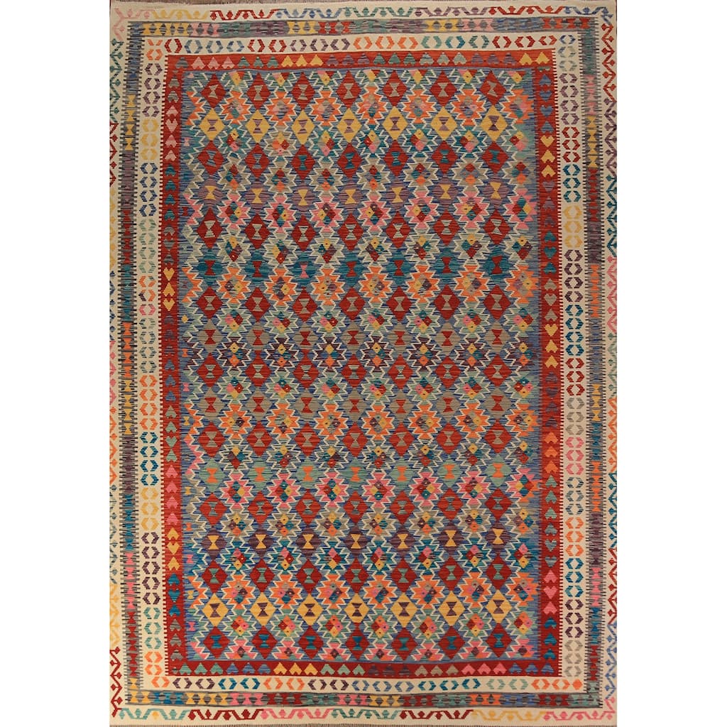 Multi-Color Kilim Oriental Area Rug Flatweave Wool Carpet - 9'9"x 12'11"