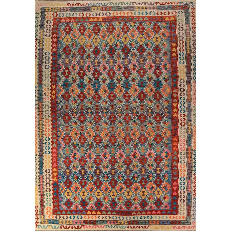 Multi-Color Kilim Oriental Area Rug Flatweave Wool Carpet - 9'9"x 12'11"