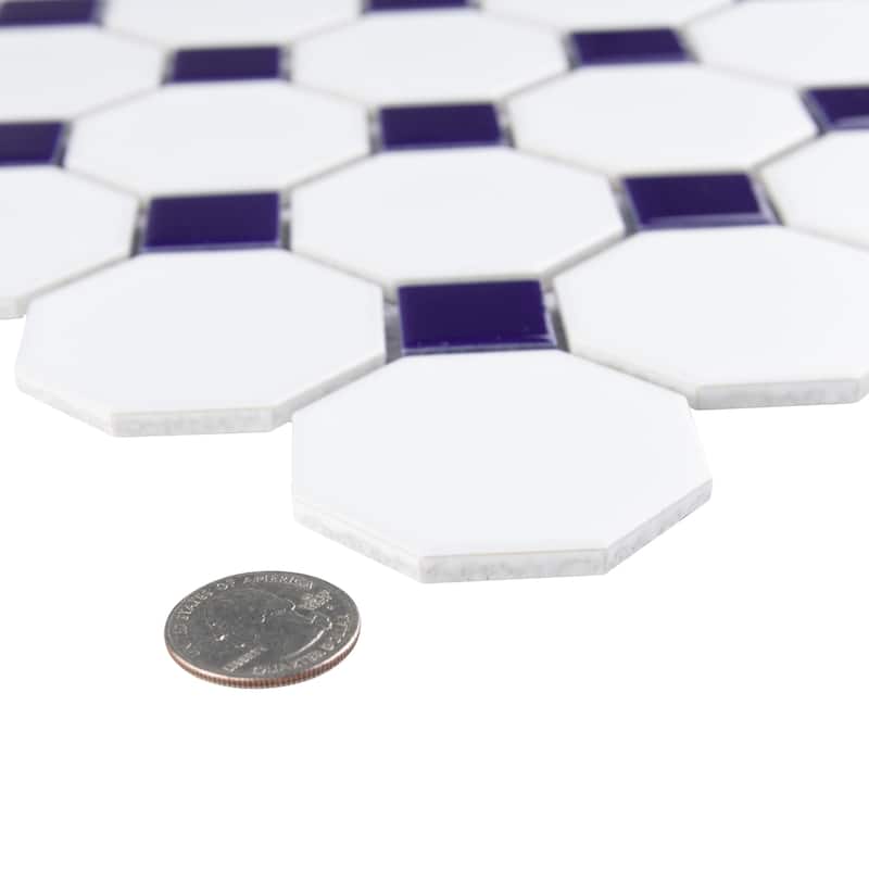 Merola Tile Metro Octagon Matte White w/Cobalt Dot 11-1/2" x 11-1/2" Porcelain Mosaic Tile