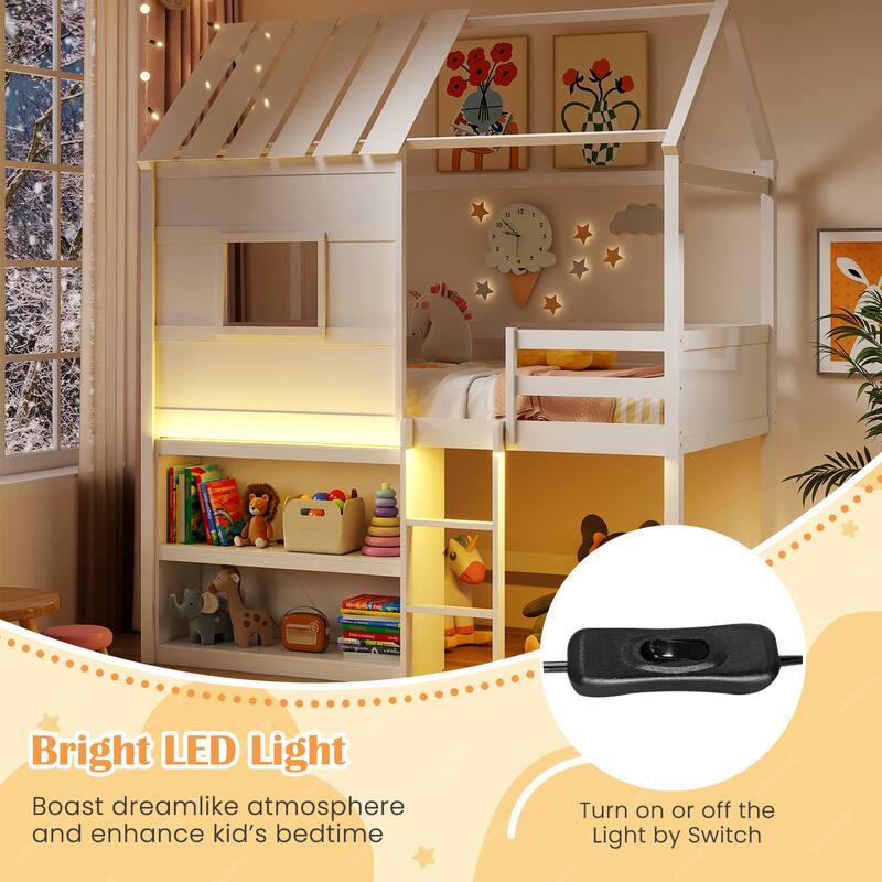 White Twin Size Loft Bed with LED Light House Design Bookshelf and Under Bed Play Space Pine Wood Frame for Kids