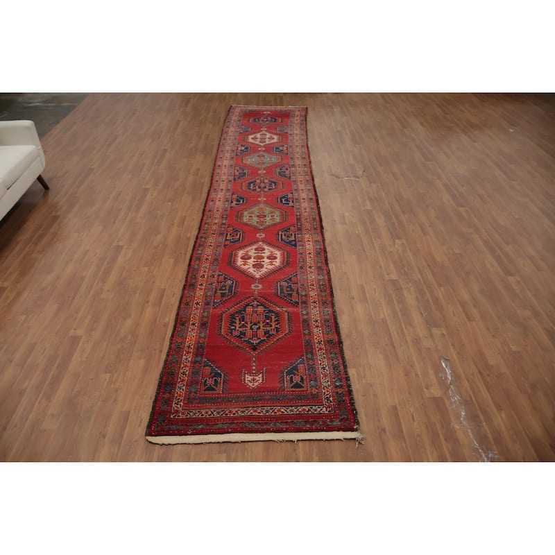 Hand Knotted Oriental 100% Wool Carpet Traditional Geometric Red Heriz Runner Rug - 17' 1'' X 3' 3''