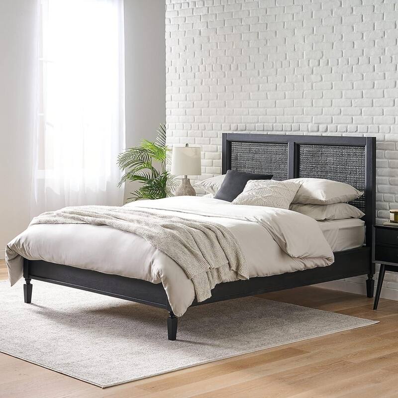 Roomfitters Modern Queen Size Solid Wood Platform Bed with Rattan Headboard, Dark Grey - Dark Grey