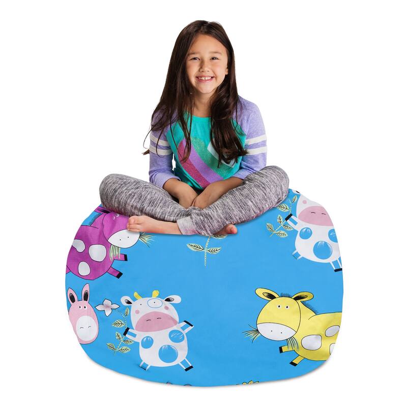 Kids Bean Bag Chair Cover Stuffed Animal Storage or Toy Organizer - 38 Inch Large - Canvas Farm Animals on Blue