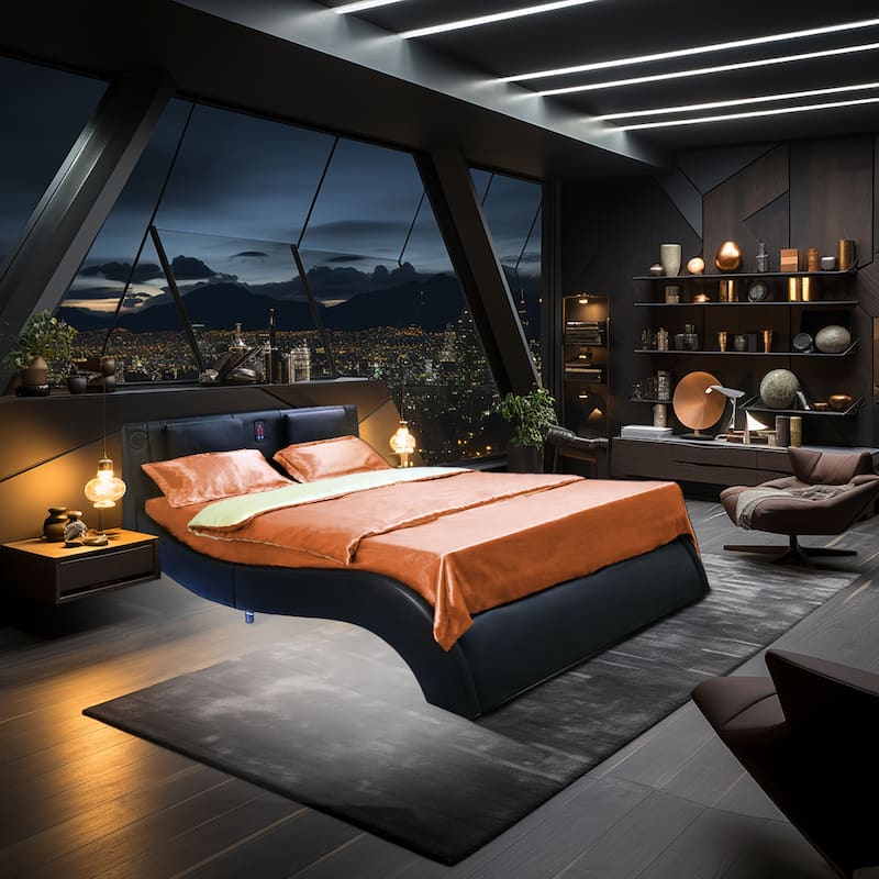 Black Queen Size Faux Leather Upholstered Platform Bed with LED Lighting and Wood Slat Support