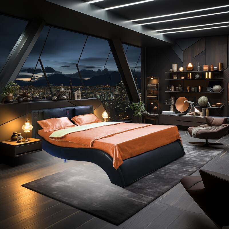 Faux Leather Upholstered Platform Bed with LED Lighting and Wooden Slats