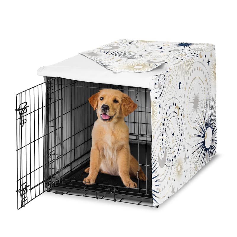 Sweet Jojo Designs Navy Blue Star and Moon Dog Crate Kennel Cover 36in. Gold Grey Celestial Sky Stars Gray Shabby Chic