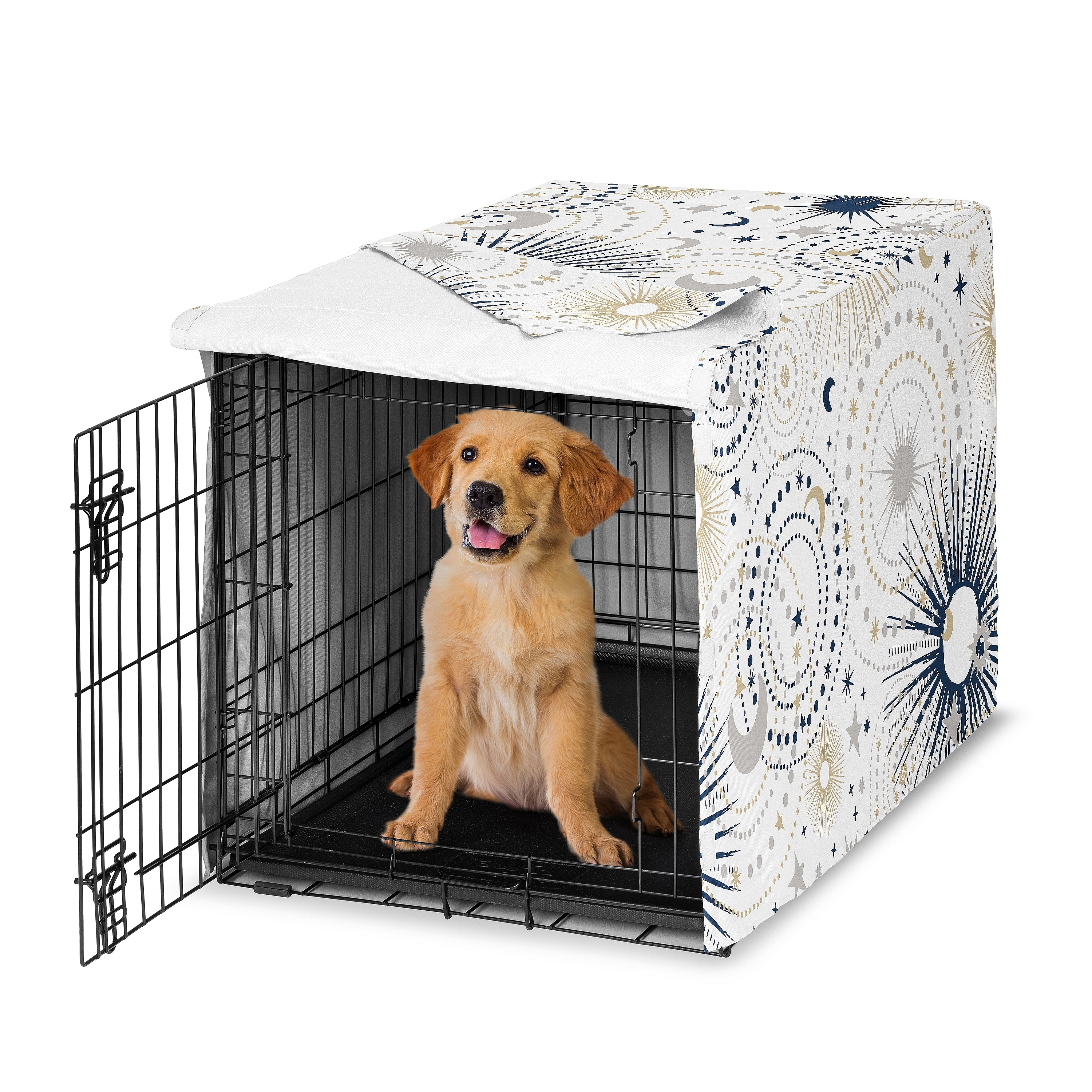 Sweet Jojo Designs Navy Blue Star and Moon Dog Crate Kennel Cover 36in. Gold Grey Celestial Sky Stars Gray Shabby Chic